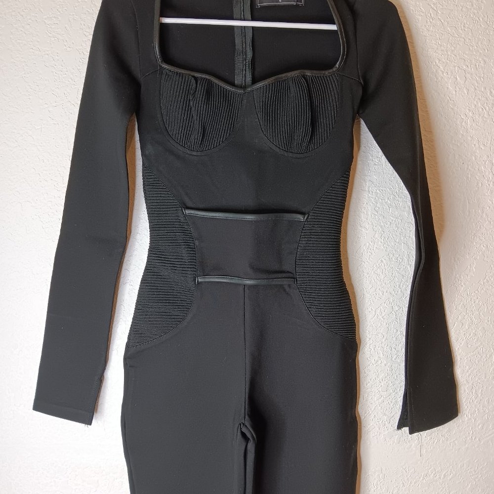 Maniere De Voir Women's US 6 Vegan Leather Bandage Contour Jumpsuit Black